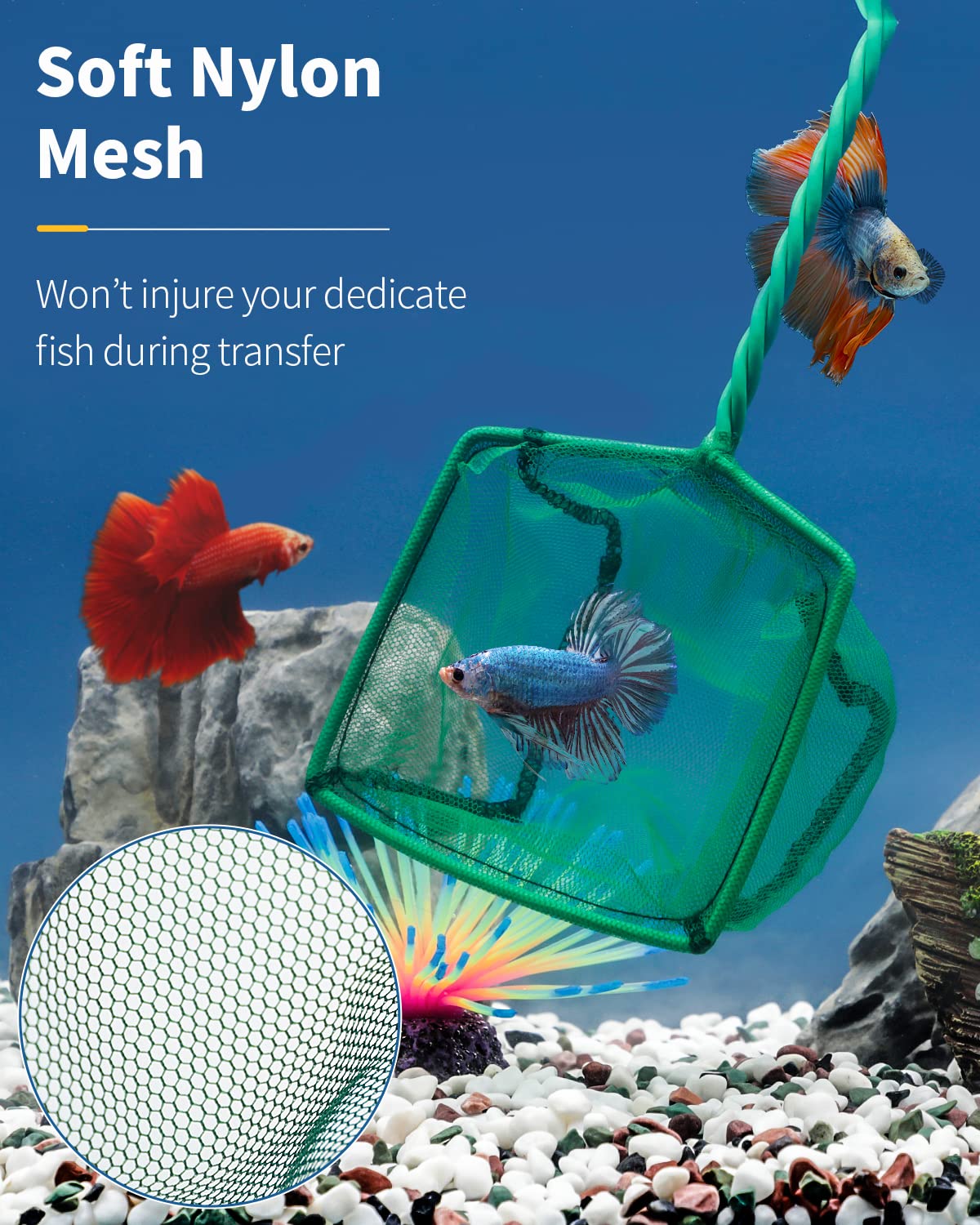 Pawfly Aquarium Fish Net with Braided Metal Handle Square Net with Soft Fine Mesh Sludge Food Residue Wastes Skimming Cleaning Net for Fish Tanks Small Koi Ponds and Pools