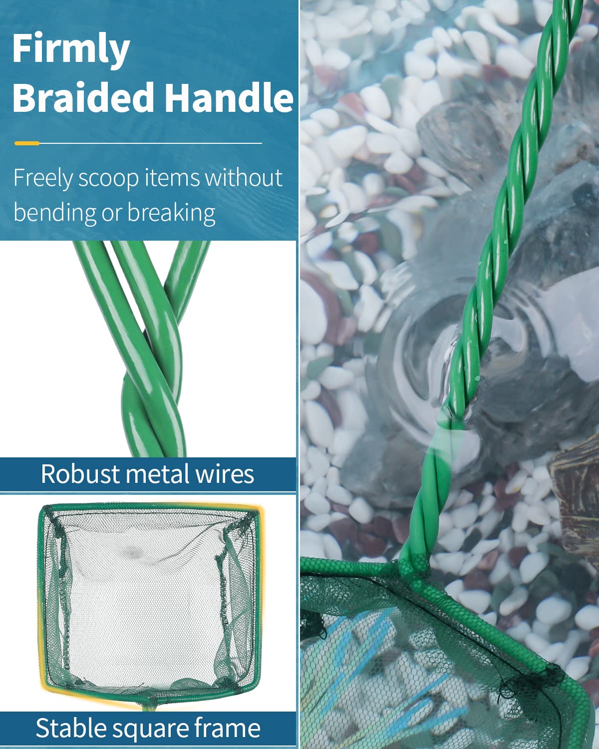 Pawfly Aquarium Fish Net with Braided Metal Handle Square Net with Soft Fine Mesh Sludge Food Residue Wastes Skimming Cleaning Net for Fish Tanks Small Koi Ponds and Pools